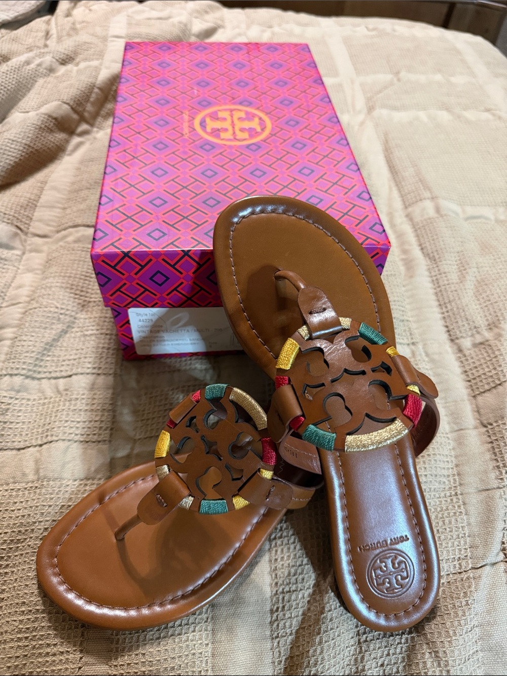 Tory Burch Tan Leather Logo Sandals with Red, Yellow & Green Thread